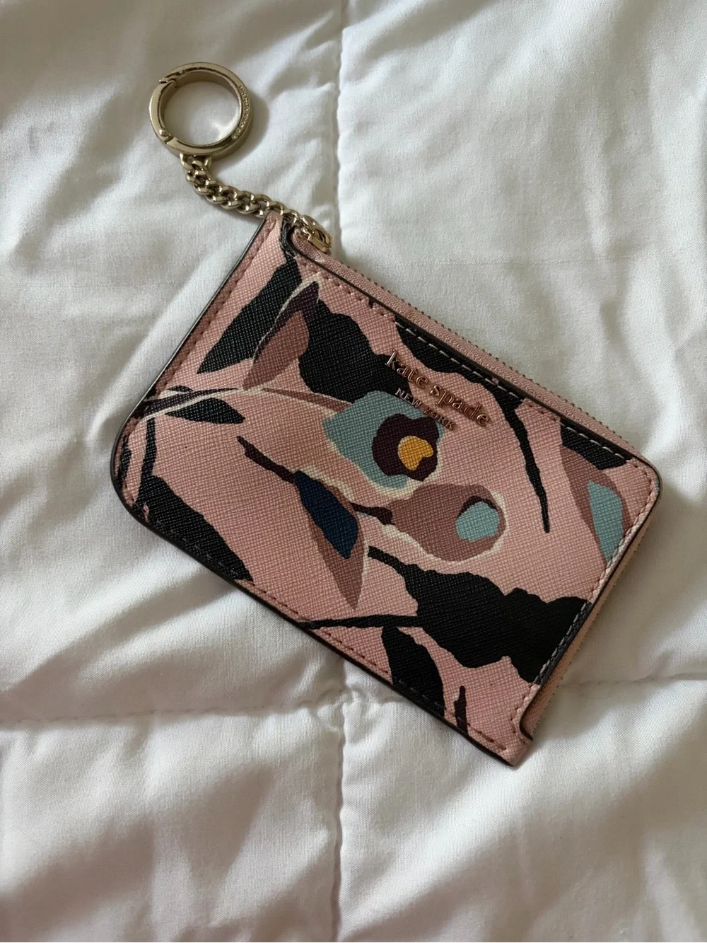 kate spade Pink Floral Zip Card Case with Gold Key Ring